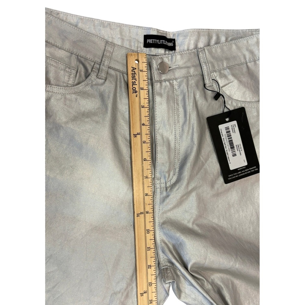 PrettyLittleThing Straight Leg Pants Womens 12 Silver Holographic Split Hem NEW - Picture 5 of 10